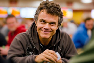 A candid close-up portrait of a smiling man wearing a hoodie in a casual indoor setting, radiating warmth and happiness.