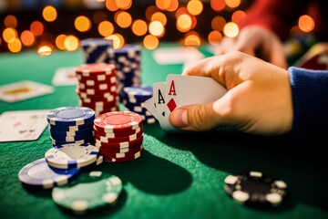 Hand holding cards with an ace at a poker table with chips and a blurred casino background.