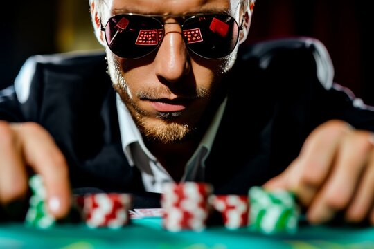 Intense male poker player with sunglasses at a casino table betting with chips, focused and serious about the game.