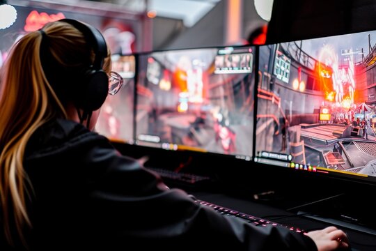 A Young Female Gamer Is Intensely Playing A Sci-fi Video Game On Her Computer Setup At Home, Wearing Headphones.