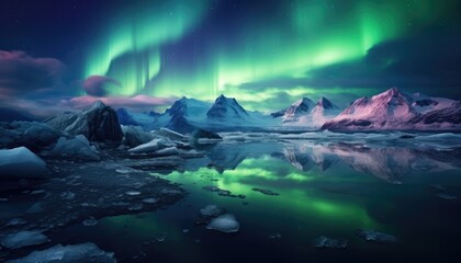 Fototapeta premium View of night sky with multicolored aurora borealis and snowy mountains peak background. Night glows in vibrant aurora reflection on the lake with forest. 