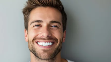 Fotobehang Smiling man on grey background, teeth whitening. © OLGA
