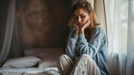 Obraz premium sad woman in pajama sitting on bed