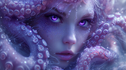Gorgeous purple humanized octopus girl, fantasy character