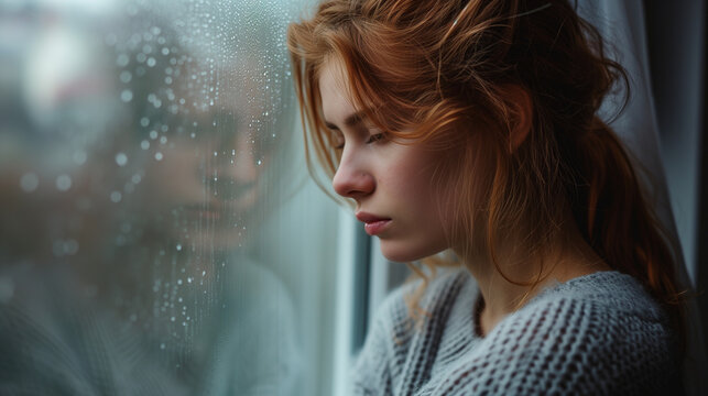 Depressed Red Head Woman By House Window, Abstract Depression