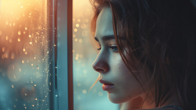 depressed woman by window, abstract depression concept