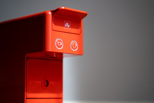 PENANG, MALAYSIA - MAY 18, 2023: Illy Y3.3 iperEspresso Machine close up. Capsule Illy espresso machine in Read.