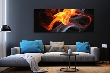 Modern interior living room with abstract dynamic scolorful smoke energy flow wave curve lines background painting