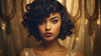 Fototapeta premium Photorealistic Teen Indian Woman with Brown Curly Hair retro Illustration. Portrait of a person in vintage 1920s aesthetics. Historic movie style Ai Generated Horizontal Illustration.