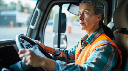 Fototapeta na wymiar Confident Female Truck Driver at the Helm of a Commercial Long-Haul Truck