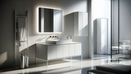 A scene showcasing modern bathroom furniture. The focus is on a sleek, wall-mounted vanity unit with a smooth, white surface and built-in sink