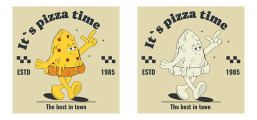 Vintage print design for T-shirt, sticker, poster, logo: "It's Pizza Time". Funny, joyful cartoon mascot pizza is coming. Vector illustration in retro style of the 60s-70s