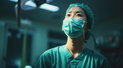 Fototapeta na wymiar Asian Female Surgeon in Scrubs and Surgical Mask Looking Upward in Operating Room