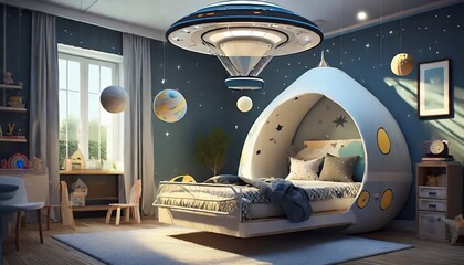 illustrated blue space design room with bed and toys 