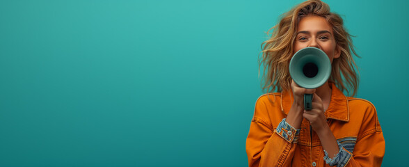 A woman in an orange shirt on a blue background shouts joyfully into a megaphone. Place for text