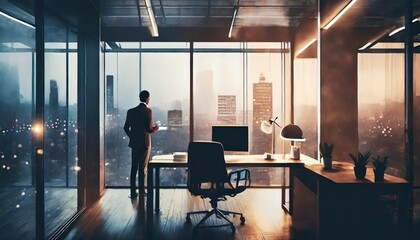 office worker with large windows  - obrazy, fototapety, plakaty
