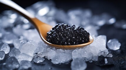 Black fish caviar served in the caviar spoon on ice on a black background. Neural network AI generated art - obrazy, fototapety, plakaty