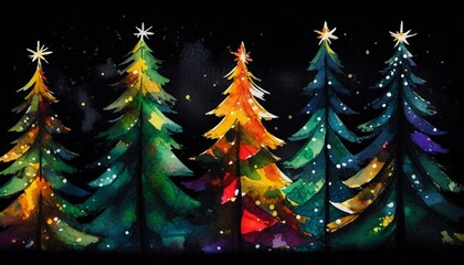 night illustrated Christmas forest 