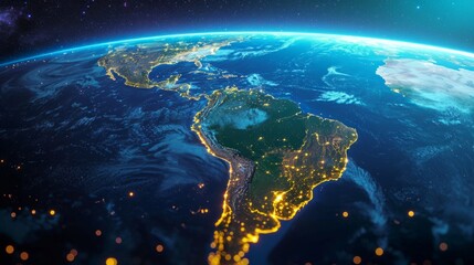 Top view of a night planet Earth with glowing city lights.  - obrazy, fototapety, plakaty