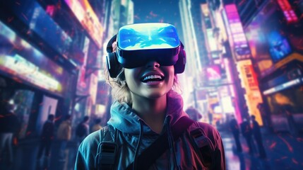 Young woman wearing a VR headset is amazed by the surreal world and virtual reality on the streets of a neon cyberpunk city.