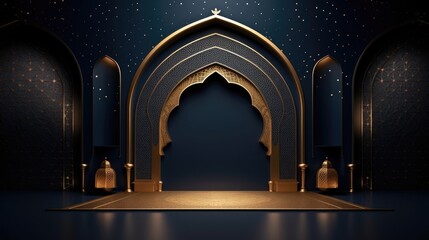 Illustration of Ramadan Kareem background with mosque Islamic style arches and Arabic patterns. - obrazy, fototapety, plakaty