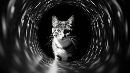Photo of calm cat with its back turned, black and white abstract style