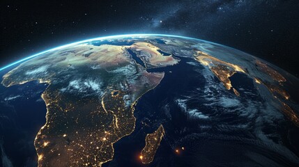 Top view of a night planet Earth with glowing city lights. Africa