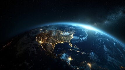 Fototapeta premium Top view of a night planet Earth with glowing city lights. 