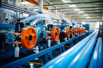 Blue plastic industrial pipes and valves in a sophisticated manufacturing facility