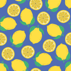 vector lemon seamless pattern on blue.