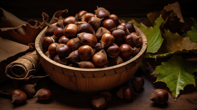 Photo of chestnuts on a wooden plate