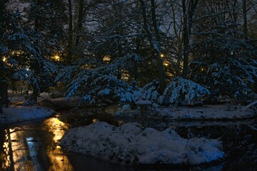 Zimowa noc w parku. Bezlistne drzewa i ziemię pokrywa warstwa śniegu. W parku znajduje się staw z licznymi wyspami na których znajdują się japońskie lampiony.
