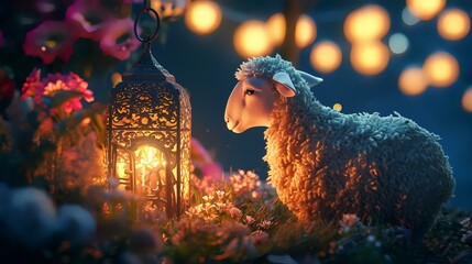 Obraz premium Ramadan Kareem Greeting card with sheep and lanterns