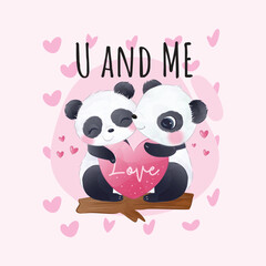 valentine couple of two cute pandas with love heart valentine day t-shirt design and card design You and Me text