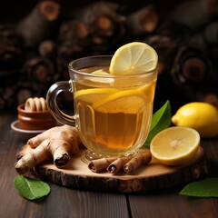 Delicious glass cup of invigorating ginger lemon honey tea with fresh herbs on rustic wooden table