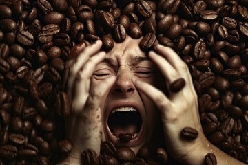 Photo of coffee beans and people explaining caffeine addiction