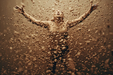 Photo of coffee beans and people explaining caffeine addiction