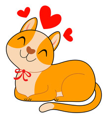 Smiling red cat with three hearts. Valentine's Day Sticker