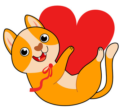 Playful red cat with big heart. Valentine's Day Sticker