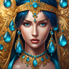 The art-of-gold woman with her striking blue eyes, soft skin, and intricate gemstones is a true embodiment of beauty and elegance. The Flowerpunk style captures her allure in a way that merges traditi