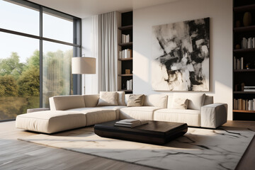Elegant luxurious living room with plush sofas, marble flooring, and abstract painting