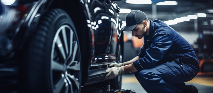 Portrait Shot of a Handsome Mechanic Working on a Vehicle in a Car Service. Professional Repairman is Wearing Gloves and Using a Ratchet Underneath the Car. Modern Clean Workshop