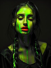 A whimsical portrait: A woman dons pop-art funny glasses and neon green face paint against a stripy...