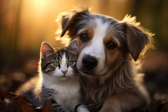 Photo of cute cat and dog hugging each other