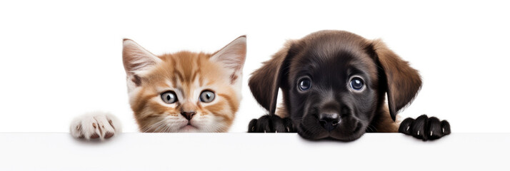 Photo of cute cat and dog with their heads visible on white background