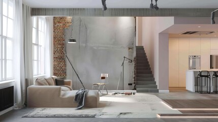 A living room filled with furniture and a staircase, house renovation.