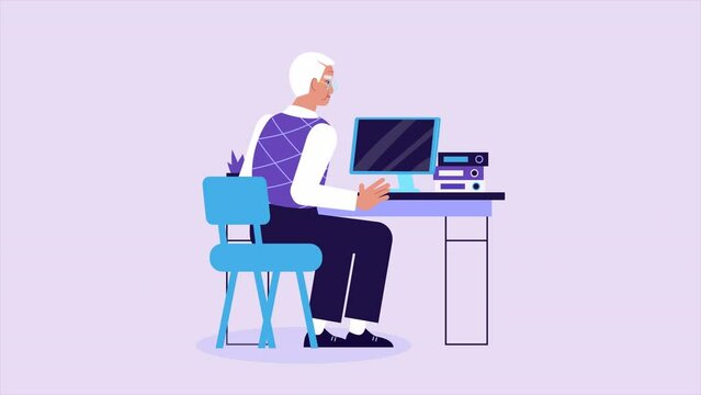 Elderly man working at computer animation. Senior looks at monitor. Old man has problems with modern technologies and gadgets, Computer Education for Aged People. 2d flat cartoon style