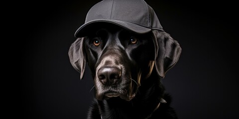 A cute black labrador retriever wearing a baseball cap. Generative AI.