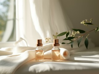 Two elegant perfume bottles on a beige table, bathed in morning light with a dreamy, minimalistic ambiance. Generative AI.
