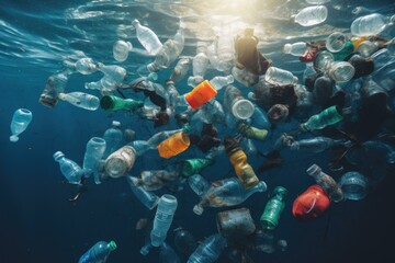 Underwater view of plastic waste polluting the ocean. Generative AI.